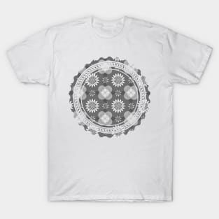 Grey Circle and Flower Pattern T-Shirt